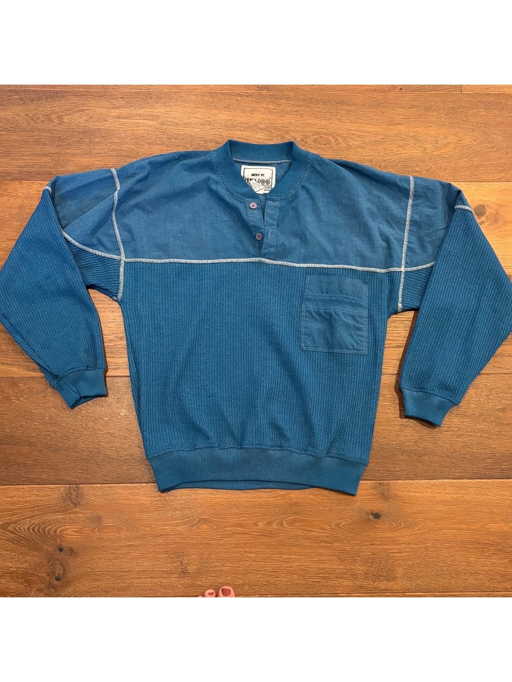 VINTAGE 80s HUK-A-POO Men’s Teal Blue Waffle Knit Henley, Large